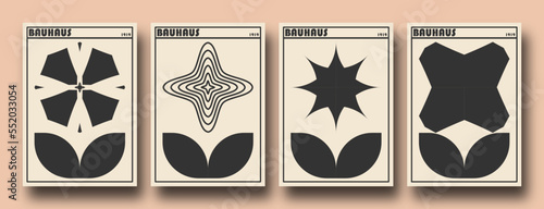 Retro futuristic Bauhaus Inspired flowers posters. Collection of abstract graphic geometric symbols, shapes and objects in y2k style / Brutalism bold style. Abstract geometric bauhaus swiss style.