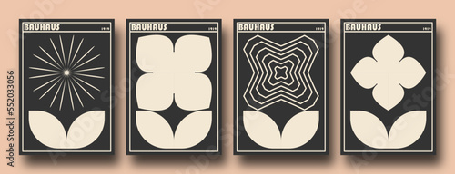 Retro futuristic Bauhaus Inspired flowers posters. Collection of abstract graphic geometric symbols, shapes and objects in y2k style / Brutalism bold style. Abstract geometric bauhaus swiss style.