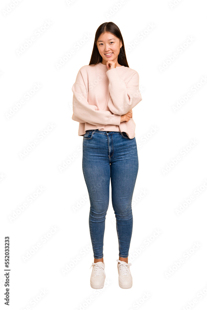 Young asian woman standing, full body cutout isolated smiling happy and confident, touching chin with hand. Young asian woman standing, full body cutout isolated smiling happy and confident, touching chin with hand.