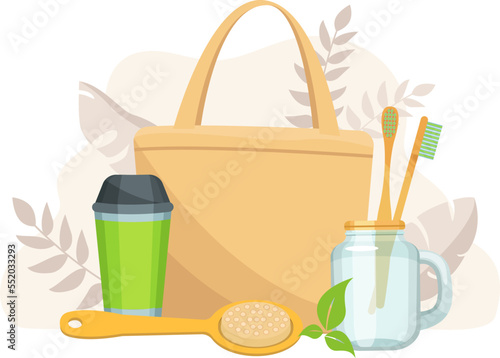 Eco life, people with ecological bag, zero waste lifestyle concept vector ill...