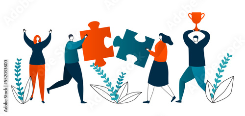 Good business concept, businesspeople presenting good results for their idea, success vector illustration. Successful team with puzzle.