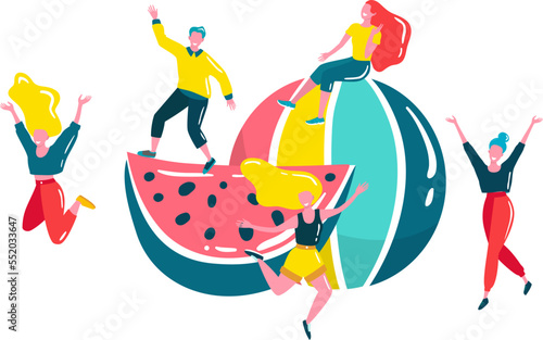 Hello summer vector illustration with watermelons and lettering. Happy people...