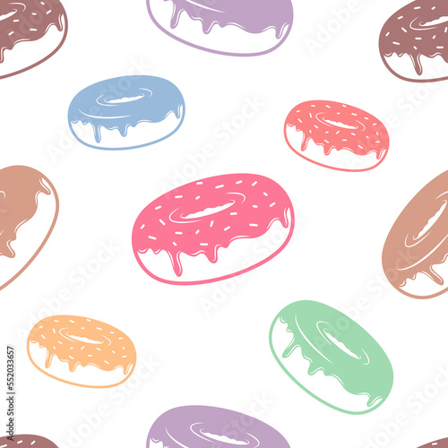 Donut, doughnut with glaze and sprinkles seamless pattern, pastry background