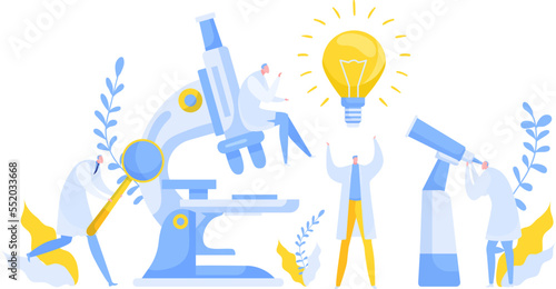 Idea discovery research in chemistry, biology or medicine vector illustration. Light bulb of new idea discovering science researching.
