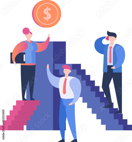 Earn money concept, business, people, success and financial fortune vector illustration. Happy businessman on stairs up to money, wealth.