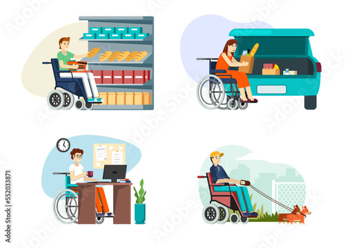 disabled people. daily routiny shopping disabled characters in public places. Vector cartoon characters