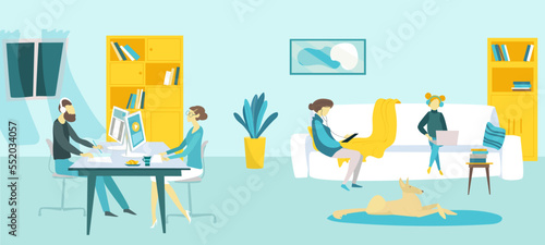 Online education at home, vector illustration. Family character learning at home with computer, laptop. School study by internet.