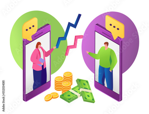 Online negitiations with business partners, senior executive explaining about money vector illustration. Remote business meeting.