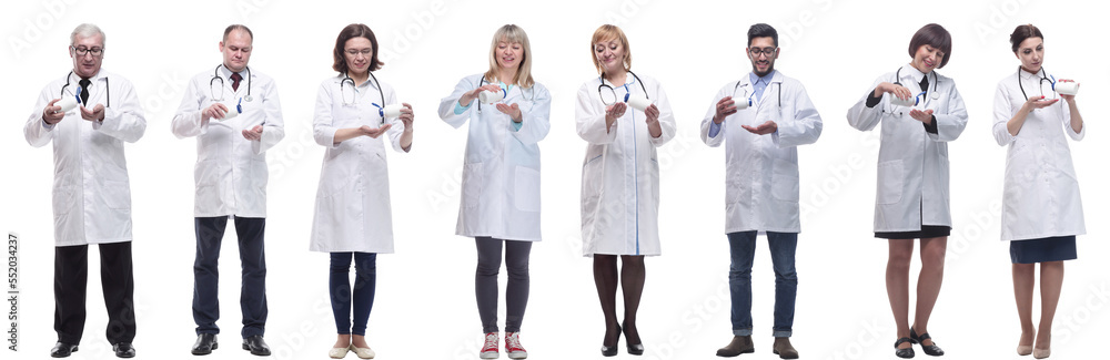 group of doctors holding jar isolated on white group of doctors holding jar isolated on white