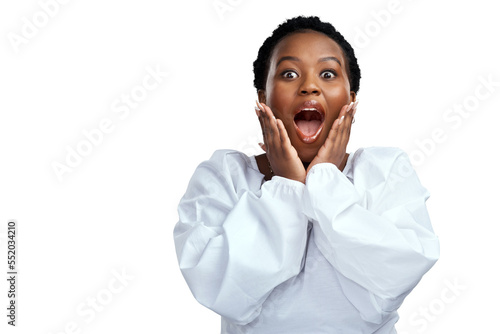 PNG shot of a young woman looking surprised while posing.