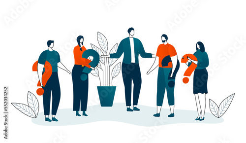 Group of people with question mark vector illustration. Search of solution or problem answer, men and women confusion.