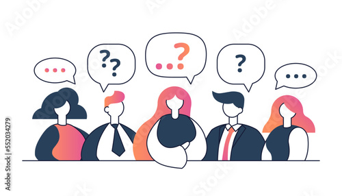 People with question signs discussing or with different opinions flat vector illustration. Search of solution or idea, answers, men and women.