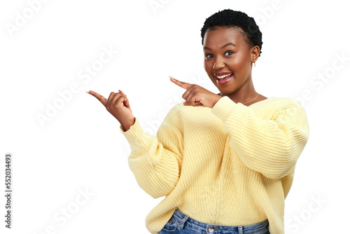 PNG shot of a young woman pointing at copy-space while posing. photo