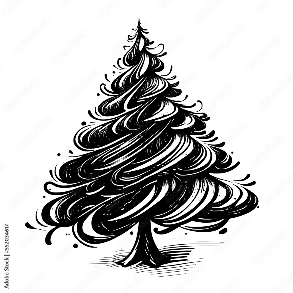 Retro Christmas tree, hand-drawn doodle in sketch style. bold smooth lines, vector