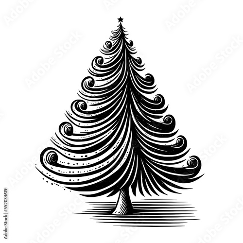 Retro Christmas tree, hand-drawn doodle in sketch style. bold smooth lines, vector