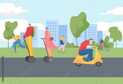 City flat people at transport, vector illustration. Urban road lifestyle, man woman character ride bike, bicycle, skateboard and segway.