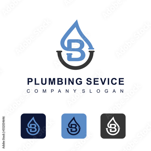 Initial Letter B with Water Shape Icon for Plumbing Service Business Logo Design Template
