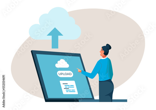 Hosting with cloud storage concept, vector illustration, data computing in internet, flat woman character upload information at computer, web server