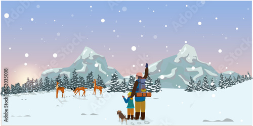 Winter walk of the family through the winter forest in the mountains to the wild deer. Christmas winter landscape. Vector illustration