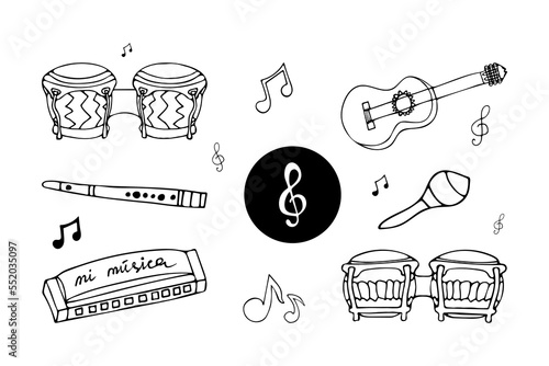 Set of hand drawn musical doodle symbols and instruments for design. Isolated on white background.