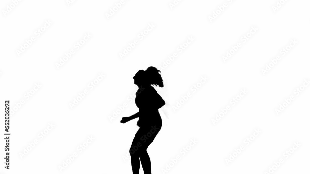 Black silhouette of female volleyball player bouncing and hitting ball with her hand. Girl athlete scoring a goal and rejoicing in success. Volleyball game on white isolated background, full length. Black silhouette of female volleyball player bouncing and hitting ball with her hand. Girl athlete scoring a goal and rejoicing in success. Volleyball game on white isolated background, full length.