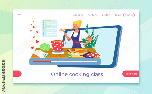 Cooking blog with food, web page, vector illustration, flat woman chef character show culinary at video online, kitchen blogger at screen