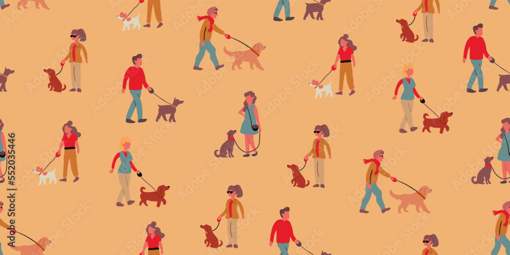 Vector seamless pattern with dog walkers walking the dogs on beige background. Dig owners and dogs on the walk. Dog pattern. Vector illustration