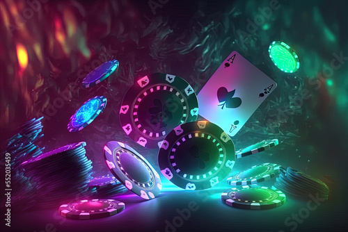 There are falling poker chips and cards on a flashing neon casino backdrop. Generative AI