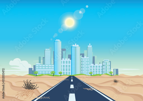 Vector background illustration of an asphalt road in the desert leading to a big city in the daytime in summer