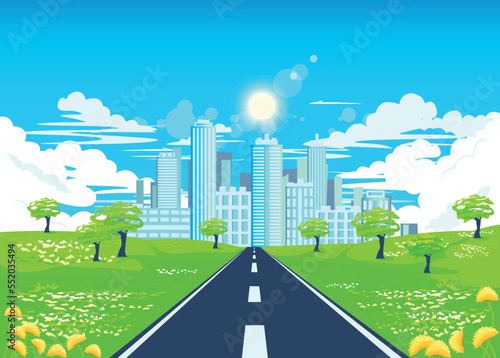 Vector illustration of a road against the background of a summer urban landscape in bright colors. Background with the image of a summer sunny day  trees  dandelions and the road to the big city.