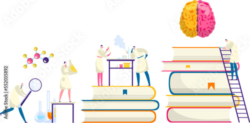 Scientists discovery research in chemistry, biology or medicine vector illustration. Brain science researching labaratory. Scientifical research.