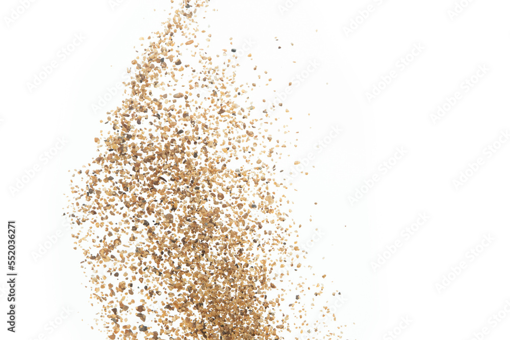 Big size Sand flying explosion, Golden grain wave explode. Abstract cloud fly. Yellow colored sand splash throwing in Air. White background Isolated high speed shutter, throwing freeze stop motion