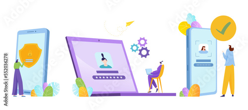Digital security technology concept, vector illustration, tiny woman character enter password in huge smartphone with shield, internet protection