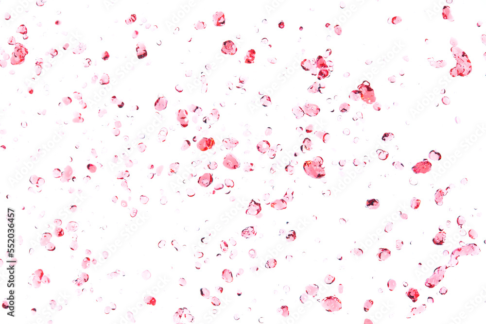 Many Dot droplet of Red juice from splash in Air. Water red tomato pour from sky and purify clean natural. Wine shape form of water splashing flow celebrate over White background Isolated.