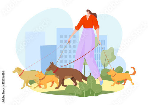 Dog sitter, walk with pet animal, vector illustration, outdoor care service for puppy, flat woman character hold leash in hand, walker profession.