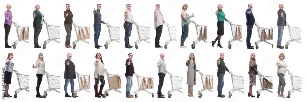 a group of people in profile with a basket showing thumbs up