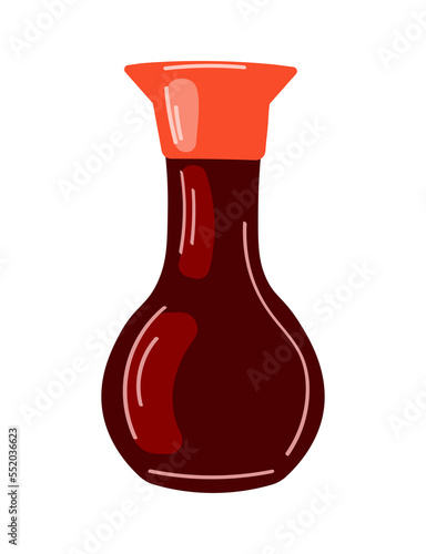 Soy sauce in glass bottle. Traditional asian salty sauce for sushi in cartoon style.Vector illustration isolated on white background.