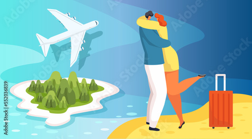 Time to travel website template with happy travelers people and plane, tourism vector illustration. Man and woman with luggage.