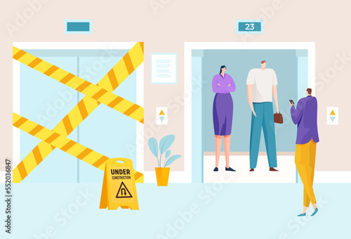 Elevator open and close door, vector illustration, lift under construction in hotel lobby interior, people man woman character ascend at high floor
