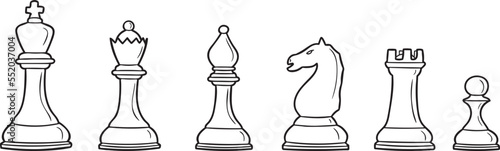 Hand drawn sketch set of Chess pieces on a white background. Chess. Check mate. King, Queen, Bishop, Knight, Rook, Pawn
