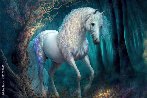 Magic white horse  in fairy forest. Spirit of the forest. Digital art	
