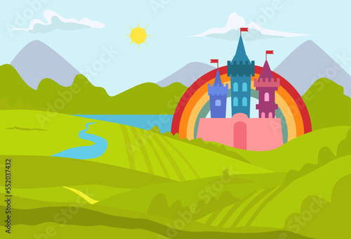 Fantasy castle landscape  vector illustration  medieval kingdom tower from fairy tale  palace architecture with flags  house building at nature.