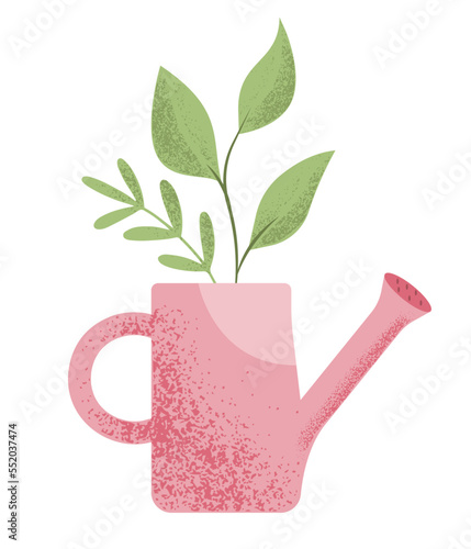 Cute watering can with green plants growing in it, spring and gardening concept. Isolated vector illustration in flat style
