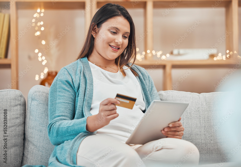 Ecommerce, credit card and pregnant woman with tablet on sofa using internet wifi connection, electronic payment and online shopping. Digital retail, banking in living room and spend money at home Ecommerce, credit card and pregnant woman with tablet on sofa using internet wifi connection, electronic payment and online shopping. Digital retail, banking in living room and spend money at home