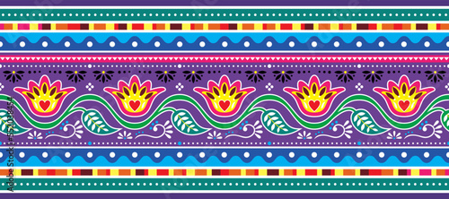 Pakistani and Indian floral truck art vector seamless long horizontal pattern, Indian Diwali traditional floral design with flowers, leaves and abstract shapes in blue and purple
 