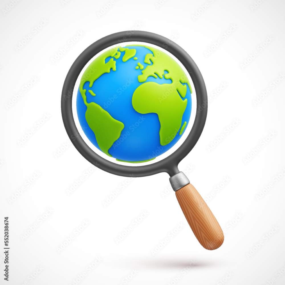 Cartoon magnifying glass with planet Earth 3d vector icon. Research the planet. Exploring the world and global search concept Cartoon magnifying glass with planet Earth 3d vector icon. Research the planet. Exploring the world and global search concept