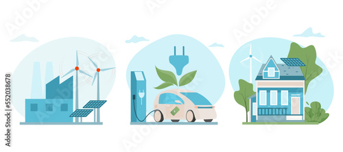 Green energy banner concept set, vector illustration, house with solar battery panel at roof, ecology friendly modern factory with wind power.