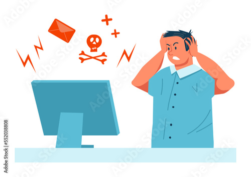 Hacker attack at computer system, vector illustration, flat man character look shocked at screen, internet virus in digital technology, hacking