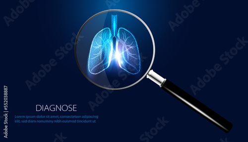 Abstract, magnifying glass and lungs. Lung disease concept. Causes of disease. Search for disease. Tuberculosis. Lung cancer. On blue and black background. Modern futurism. photo