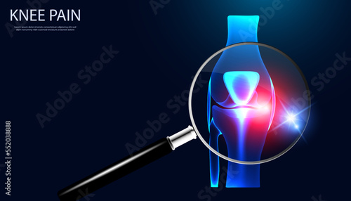 Abstract Magnifying Glass. Bone, Knee part Anatomy X-ray model showing knee injury with red light. For inserting text, articles or templates.